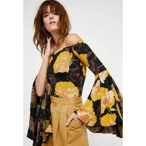 Free People Birds of Paradise Yellow Poppy Off The Shoulders Bell Sleeves Top S‎